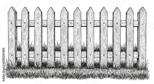 Engraving vintage ink sketch Wooden fence – hand-drawn black and white vector illustration