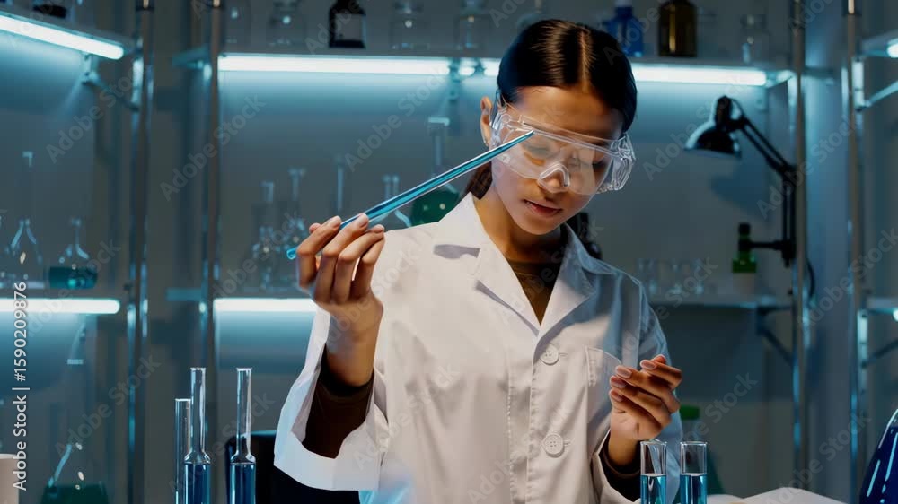 Scientist conducts precise lab experiment with test tubes in modern laboratory setting