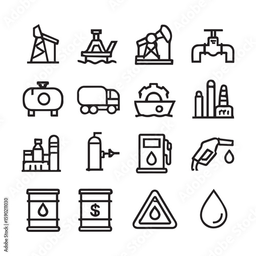 Pixel-Perfect Black & White Line Icons for Oil and Gas Sector"