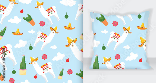 Llama pattern pillow mockup. Seamless pattern with cute Alpaca.