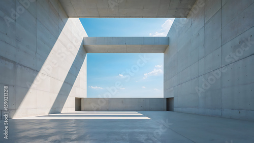 Minimalist Concrete Architecture with Open Sky View and Strong Linear Shadows