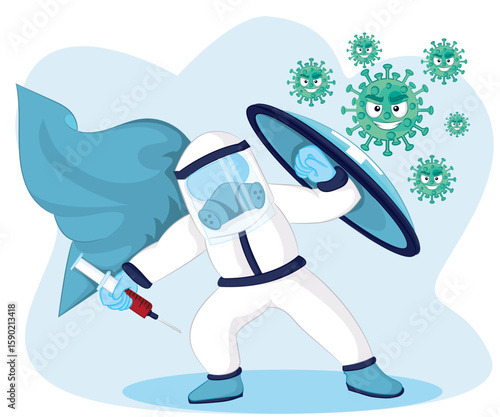Vector illustration fight corona virus. cure corona virus. people fight virus concept. corona viruses vaccine concept. don't be afraid of the corona virus concept.