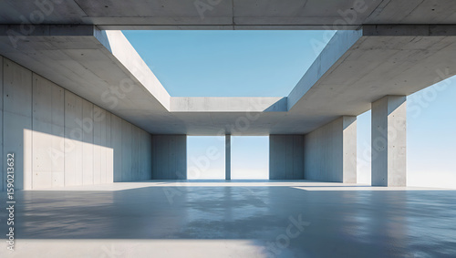 Minimalist Concrete Architecture with Open Sky View and Strong Linear Shadows