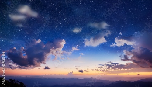 serene sky with fluffy clouds and starry highlights at dawn