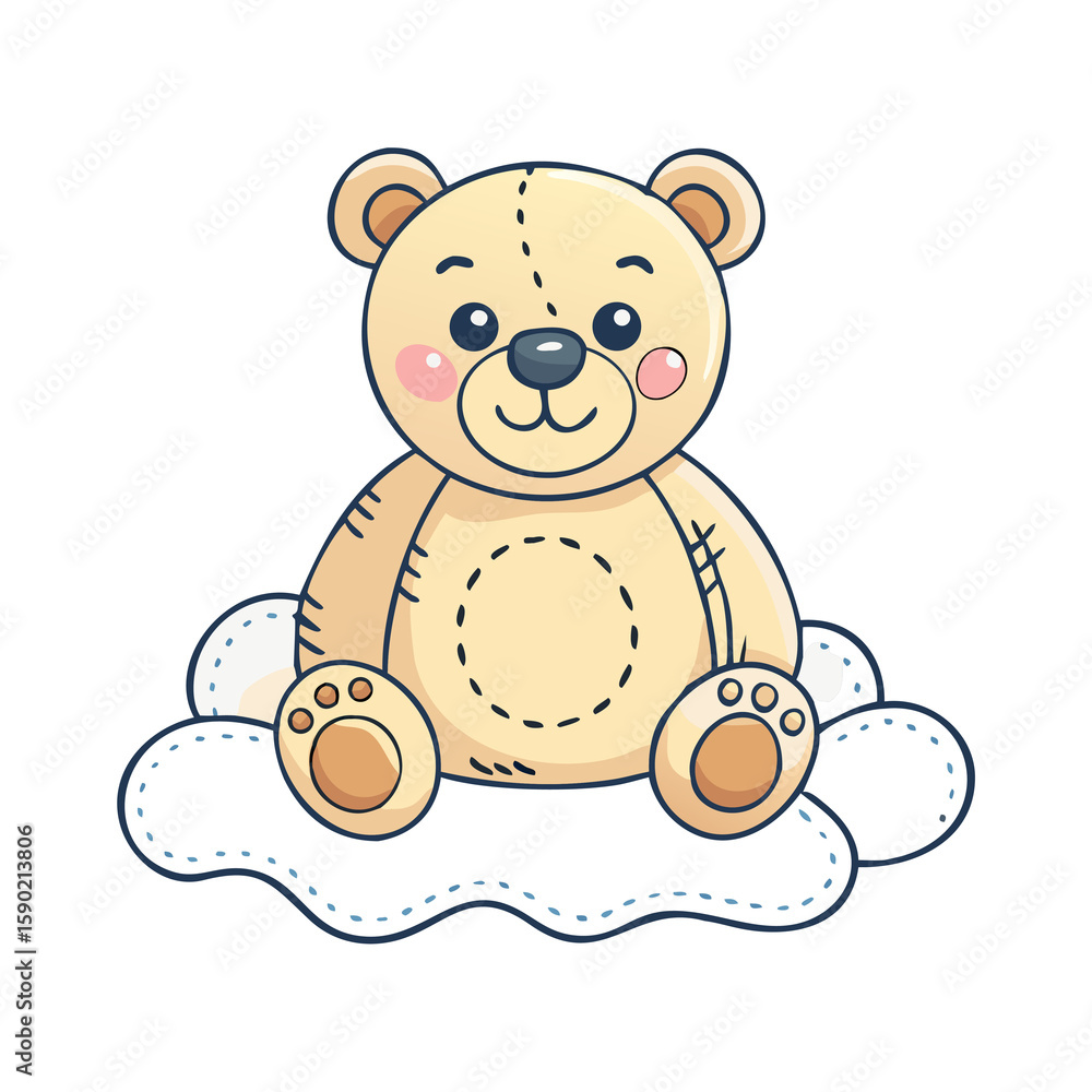 Fototapeta premium Soft and Snuggly: A Lovable Teddy Bear Perched on a Fluffy Cloud, a Vector Illustration of Comfort and Childhood Joy in Gentle Pastel Hues