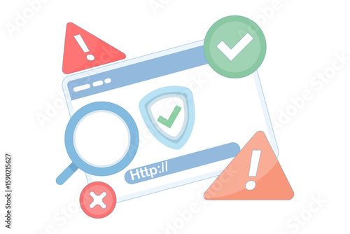The concept of protective security. The prevention of malicious and suspicious links. The magnifying glass to determine whether a website is safe or risky. Link security check.
