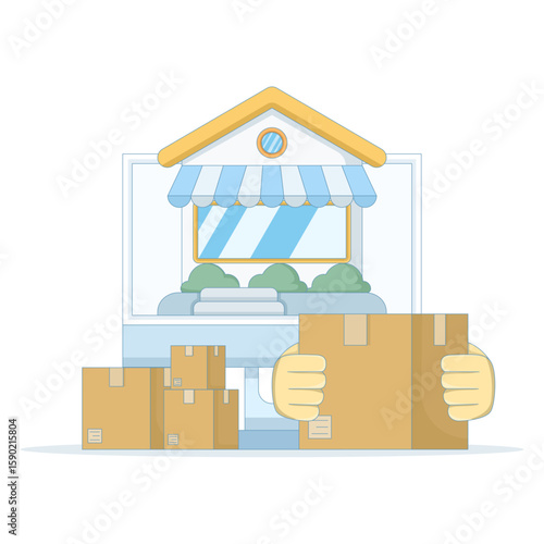 Illustration of distributors and resellers. The concept of an online store, marketplace, or e-commerce business. Reselling or shipping goods. Packaging box. Flat style.
