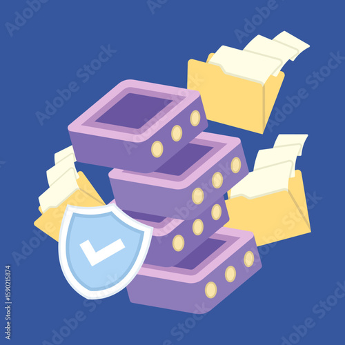Secure storage concept. Data protection on servers and databases. Data centers, file management, cloud storage, Security systems to protect files in data centers. Flat vector illustration.