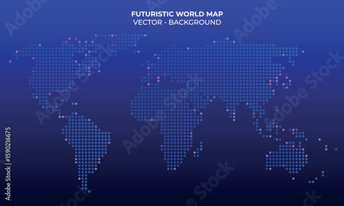 Glowing dots forming a world map representing countries and regions using distinct dot patterns.  Halftone dotted blue and violet gradient world map. Vector illustration. Dotted map in flat design.
