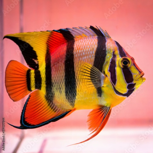  A photo of a vibrant fish with a predominantly orange, yellow, and black color scheme. The fish has a distinctive pattern on its body, with a combination of spotted and solid colors 