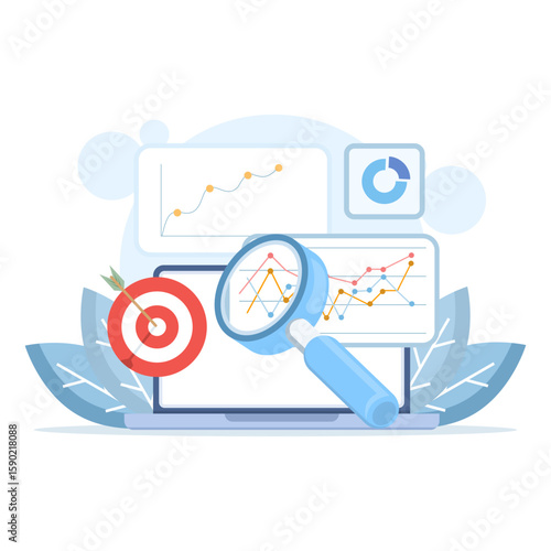 Track cross-platform interactions. Visualize user journey insights and metrics. Integrated analytics across mobile, web, email, and app activity. Flat illustration on background.