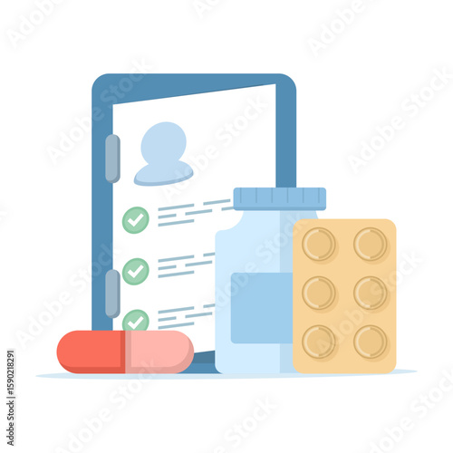Concept of healthcare program, care program, medical record document, clipboard checklist, medical services and treatment, prescription drugs, pharmacology. Flat design in the background.
