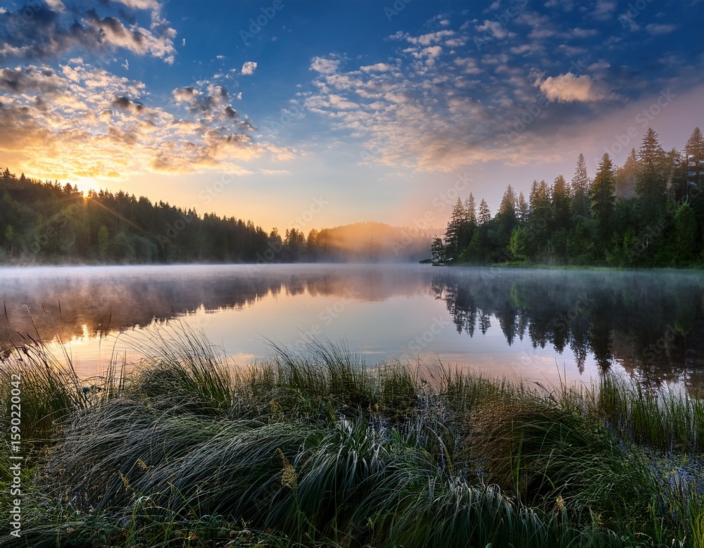 Fototapeta premium serene misty lake at sunrise surrounded by lush forest and dramatic sky