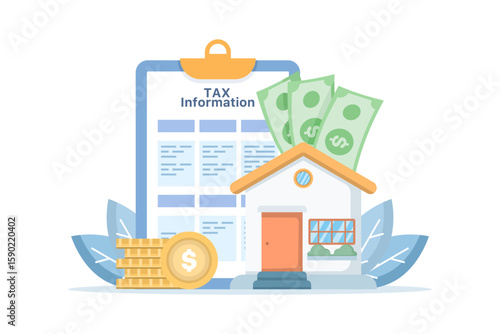 Home tax concept, Residential house with tax documents, personal housing tax, business with housing, money, and tax documents. Flat vector illustration on background.