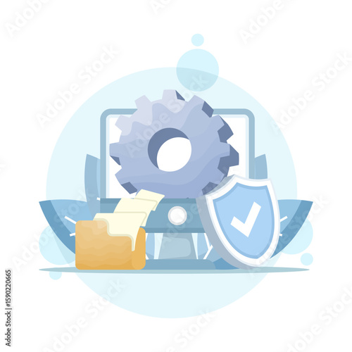 Concept of system security settings, device operating system settings, and file management. Illustration of a PC with gears, a shield, and a folder. Symbol or icon. Minimalist design. Graphic.