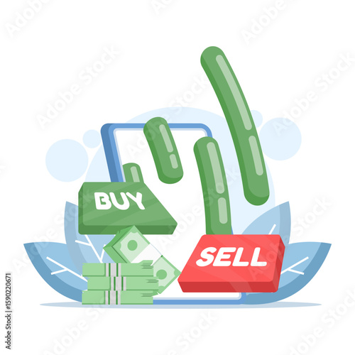 Asset risk management concept. Investment portfolio adjustments. Buying and selling stocks, mutual funds, bonds, and cryptocurrencies. Investor analysts holding buy or sell assets. Flat illustration.