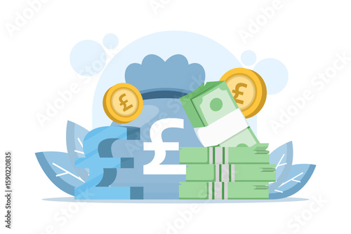 Financial Concepts, Savings, and Investment. Vector Illustration of a Stack of British Pound Sterling Gold Coins. Stack of Cash and Coins with the British Pound Sterling Currency Symbol
