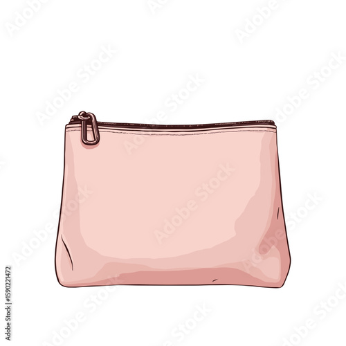 Pink cosmetic bag with zipper closure in simple design,  hand drawn illustration, no background 