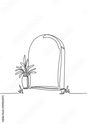 Minimalistic line drawing of a tombstone with a plant beside it  