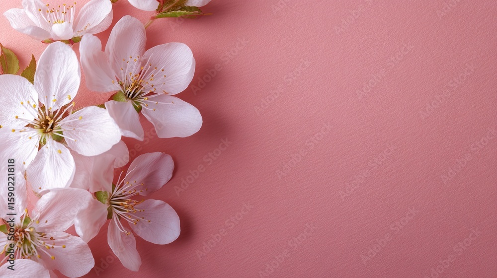 White Cherry Blossoms on Pink Background
