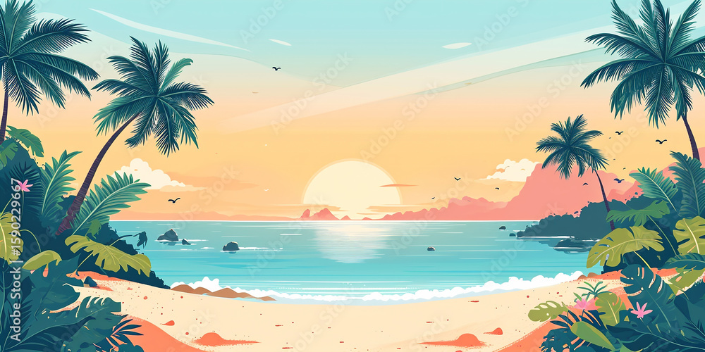 Obraz premium Tropical beach scene with palm trees, vibrant sunset, and gentle waves lapping at the shore, creating a serene and picturesque coastal atmosphere