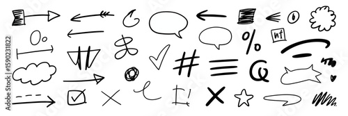 Artistic Array: A curated collection of whimsical hand-drawn design elements, encompassing arrows, speech bubbles, symbols, and stylized embellishments.