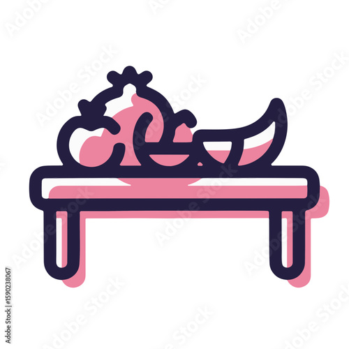 Minimalistic pomegranate and apples icon on wooden table, simple vector with pastel garnet color, representing abundance and Jewish New Year concept.