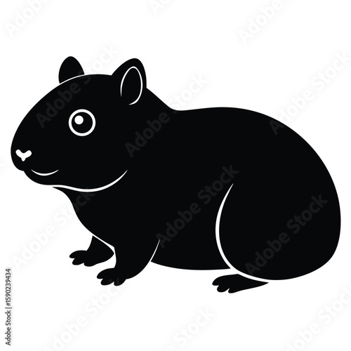 Pure black design of a small hamster in side view, chubby body with tiny paws and rounded ears, isolated on white background. 