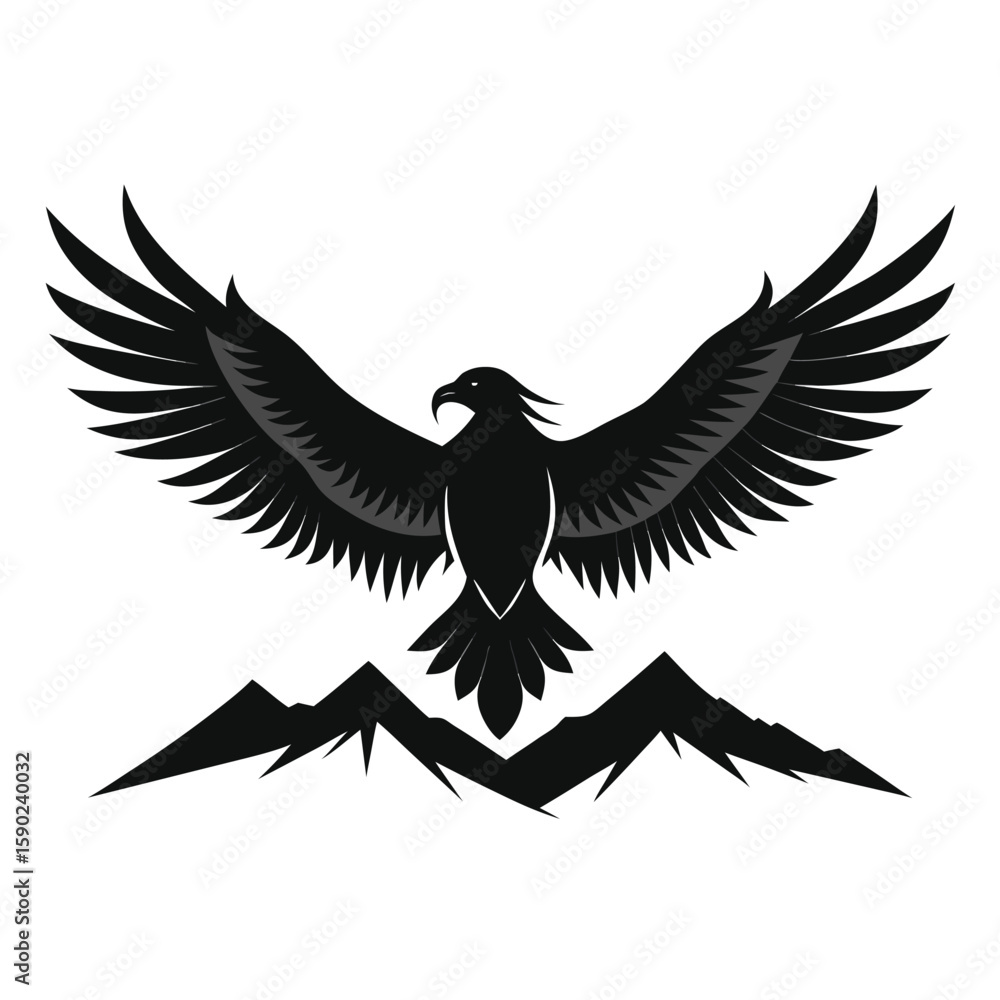 Naklejka premium Pure black design of a soaring condor with wide outstretched wings, feathered wingtips, and hooked beak, captured in mid-flight, isolated on white background. 