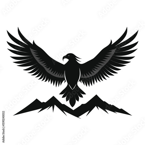 Pure black design of a soaring condor with wide outstretched wings, feathered wingtips, and hooked beak, captured in mid-flight, isolated on white background. 