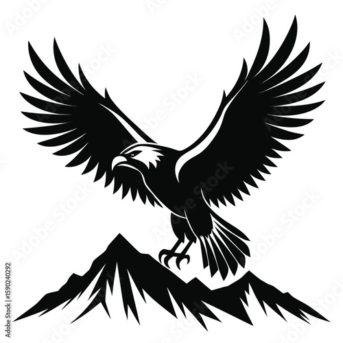 Pure black design of a soaring condor with wide outstretched wings, feathered wingtips, and hooked beak, captured in mid-flight, isolated on white background. 