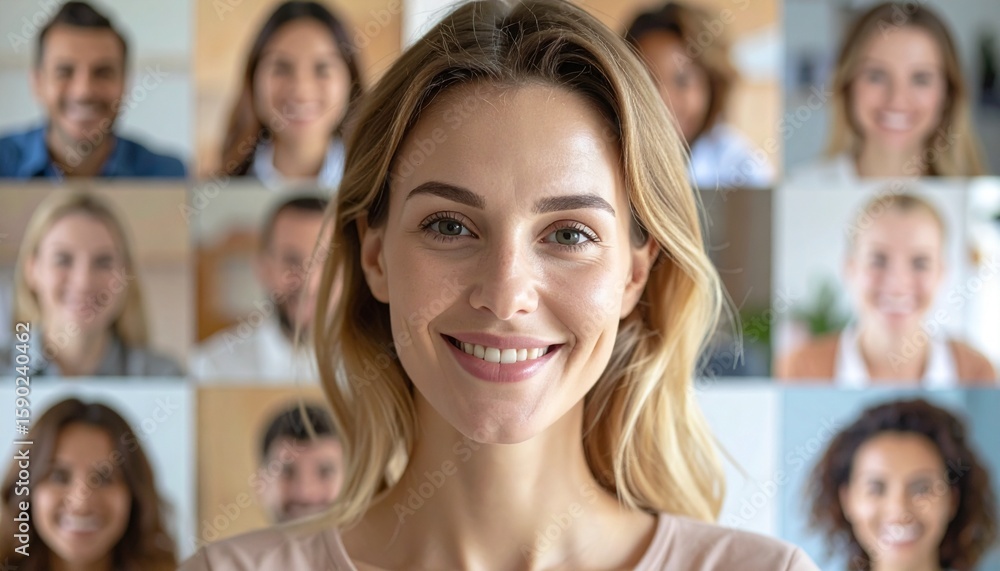 Fototapeta premium A cheerful blonde woman smiles in the center, with others' faces forming a grid background, promoting the concept of community