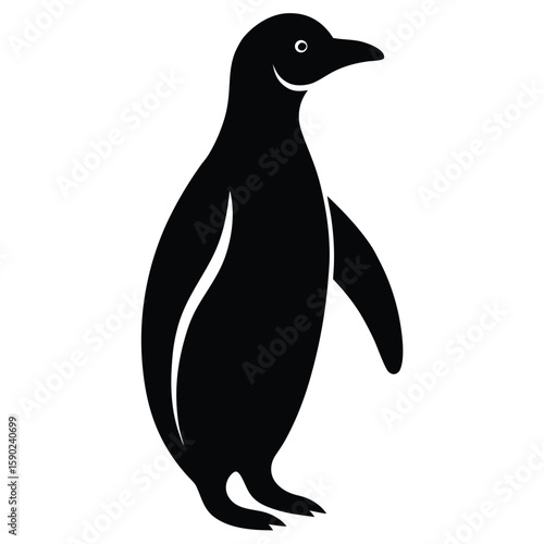 Pure black design of a standing penguin in side profile, with flippers slightly extended and rounded body shape, isolated on white background. 