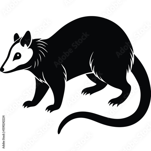  Pure black design of an opossum in side view, with curved body, pointed snout, long prehensile tail, and rounded ears, isolated on white background. 