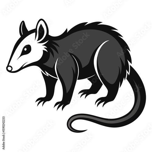  Pure black design of an opossum in side view, with curved body, pointed snout, long prehensile tail, and rounded ears, isolated on white background. 