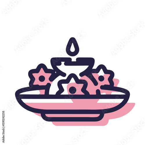 Minimalistic vector of aarti plate with flowers, incense, and diya, pastel garnet shadow on white background, spirituality and wellness concept.