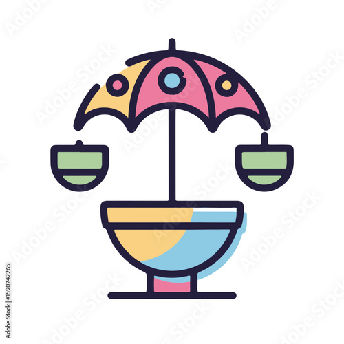 Minimalistic pulsar icon with vibrant pastel garnet umbrellas and black outlines on a white background, symbolizing cultural celebration and decor concept.