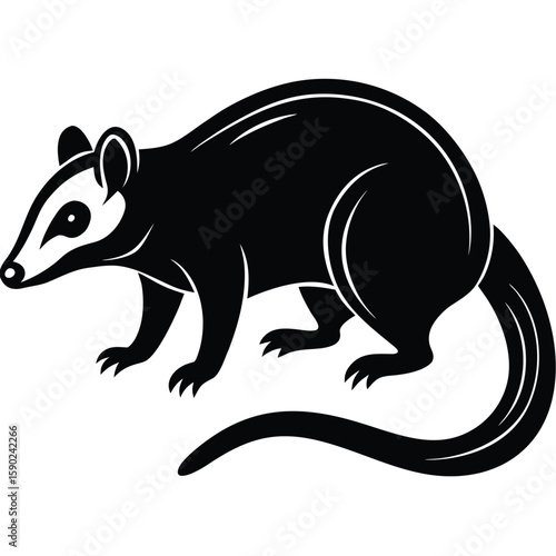  Pure black design of an opossum in side view, with curved body, pointed snout, long prehensile tail, and rounded ears, isolated on white background. 