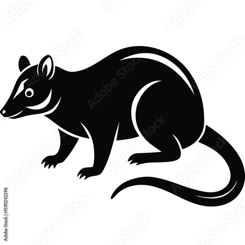  Pure black design of an opossum in side view, with curved body, pointed snout, long prehensile tail, and rounded ears, isolated on white background. 