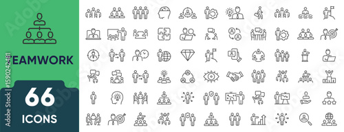 Team and Cooperation Line Icon Set. Set of 66 outline icons including group, partnership, collaboration, co-workers, unity, leadership, and support. Linear business simple symbol collection.