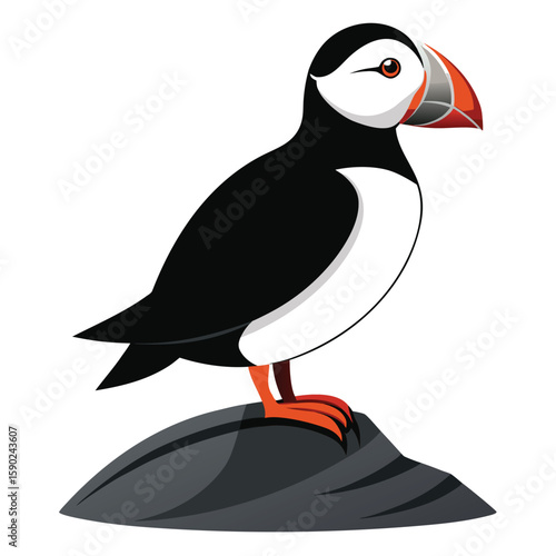 Pure black flat design of a puffin standing on a rock, side profile with large beak, short wings, and upright posture, isolated on white background. 