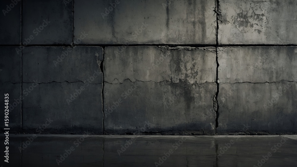 Fototapeta premium Rough concrete wall texture: dark gray, cracks, pores. Gritty industrial look, side light, shadows. 4K urban background.