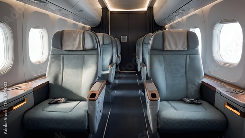 Photorealistic empty airplane cabin: well-lit, modern design. Rows of comfortable seats with headrests/armrests, bathed in soft natural/ambient light. Clean, spacious interior.