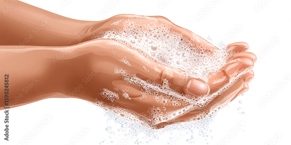 Fototapeta premium Illustration of clean hands with soap bubbles for hygiene and health Concept of washing hands, disease prevention, and personal care during the day