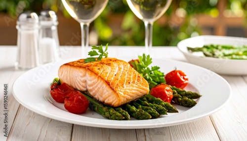 A beautifully plated salmon dish, ready for dinner. It features a salmon fillet, with asparagus and tomato