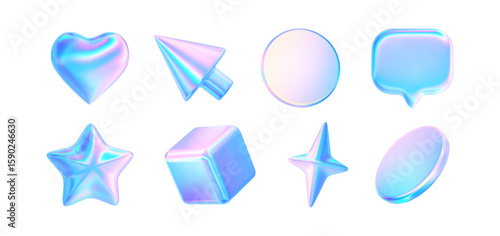 3d glass element with holographic neon effect. Render iridescent star, coin, heart, arrow update, cursor, speech bubble, cube icon. Y2k neon shape isolates. Vector tech ui illustration