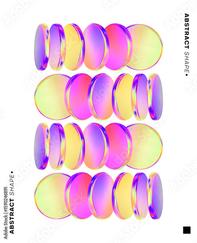 3d glass futuristic poster. Circle holographic gradient shape on white background. Geometric technology abstract disk pattern. Pink yellow iridescent glass round element. Vector render illustration