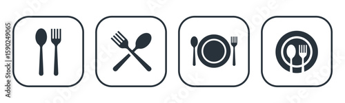 Plate, Fork and spoon icon vector set. Dinner dish or plate with spoon and fork symbol for apps and web