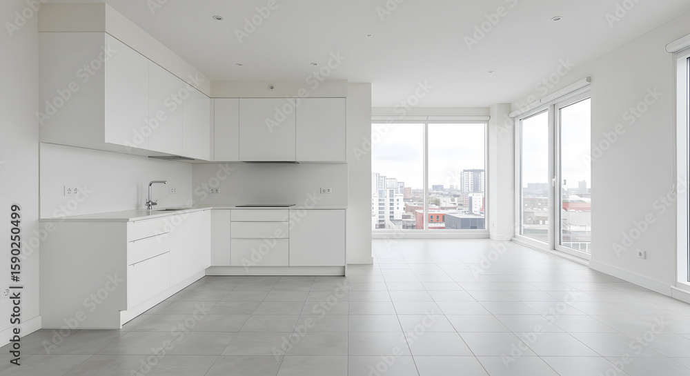 Fototapeta premium Modern, bright, and spacious apartment with large windows, city view, open kitchen, minimalistic design, natural light, high-rise living, clean interior, contemporary style, urban lifestyle