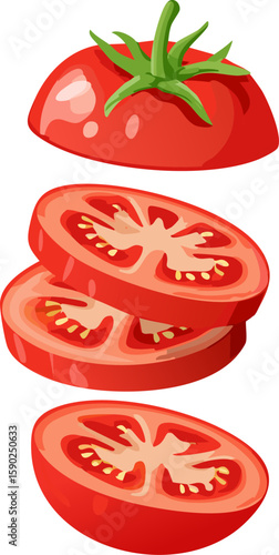 Vibrant tomato slices, showcasing the juicy red flesh, along with a whole tomato.